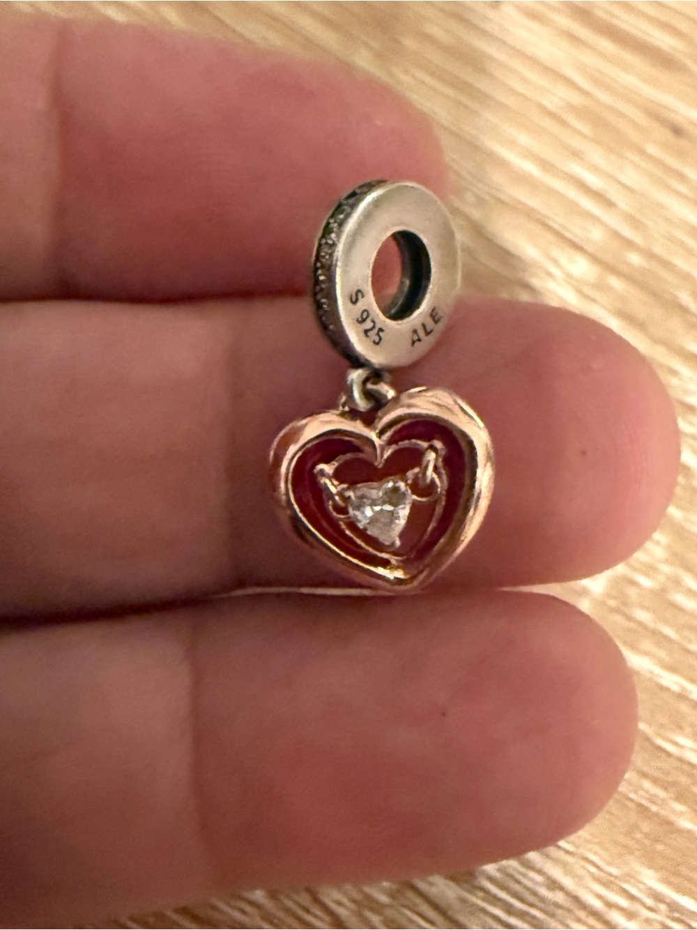 Pandora Rose Gold Heart Dangle Charm with Red Enamel and Clear Stone